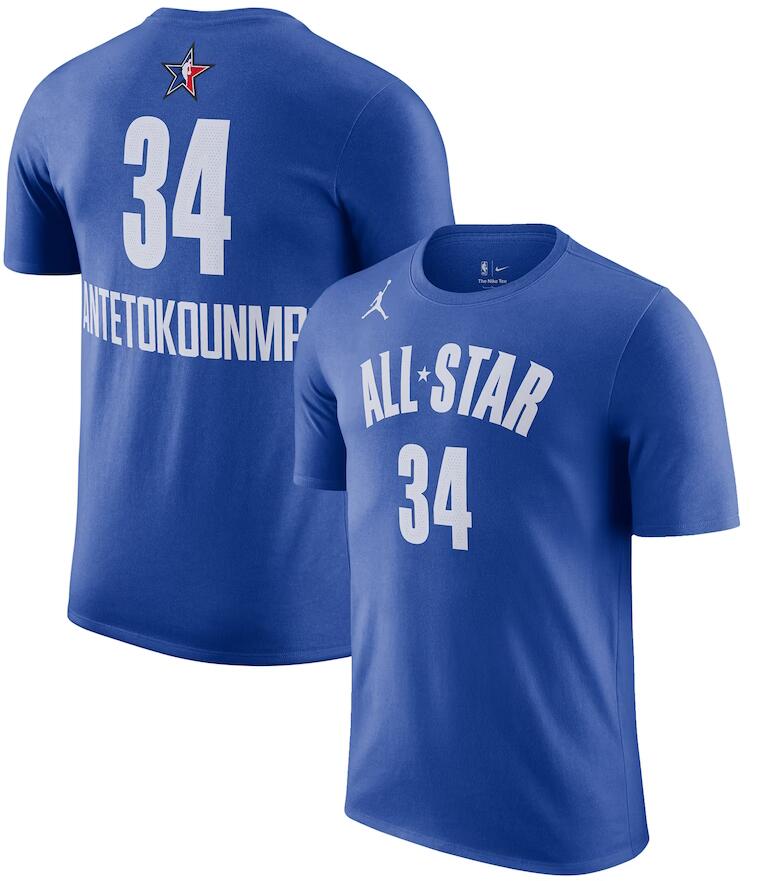 Men's #34 Giannis Antetokounmpo Blue 2023 NBA All-Star Game Name & Number T-Shirt